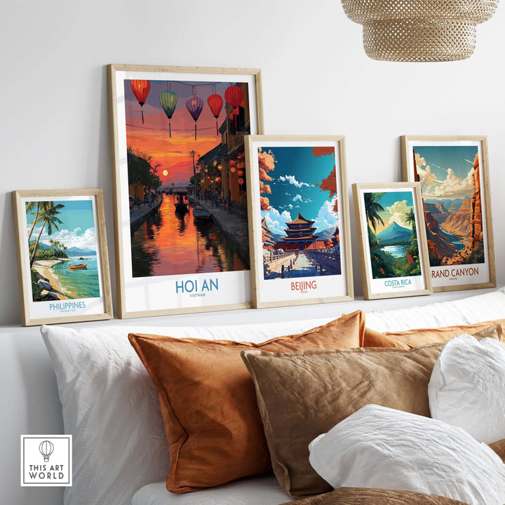 Gallery wall featuring Hoi An, Beijing, Costa Rica, and Philippines wall art posters in stylish frames.