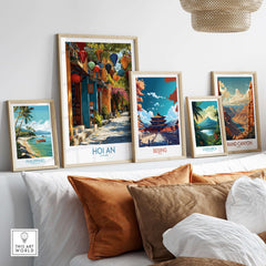 Hoi An Vietnam Wall Art Print showcased among other vibrant travel-themed posters in a cozy living space.