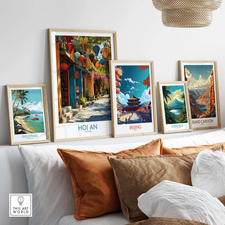 Artistic display of travel-themed posters including Hoi An, Vietnam with colorful lanterns and scenic views.
