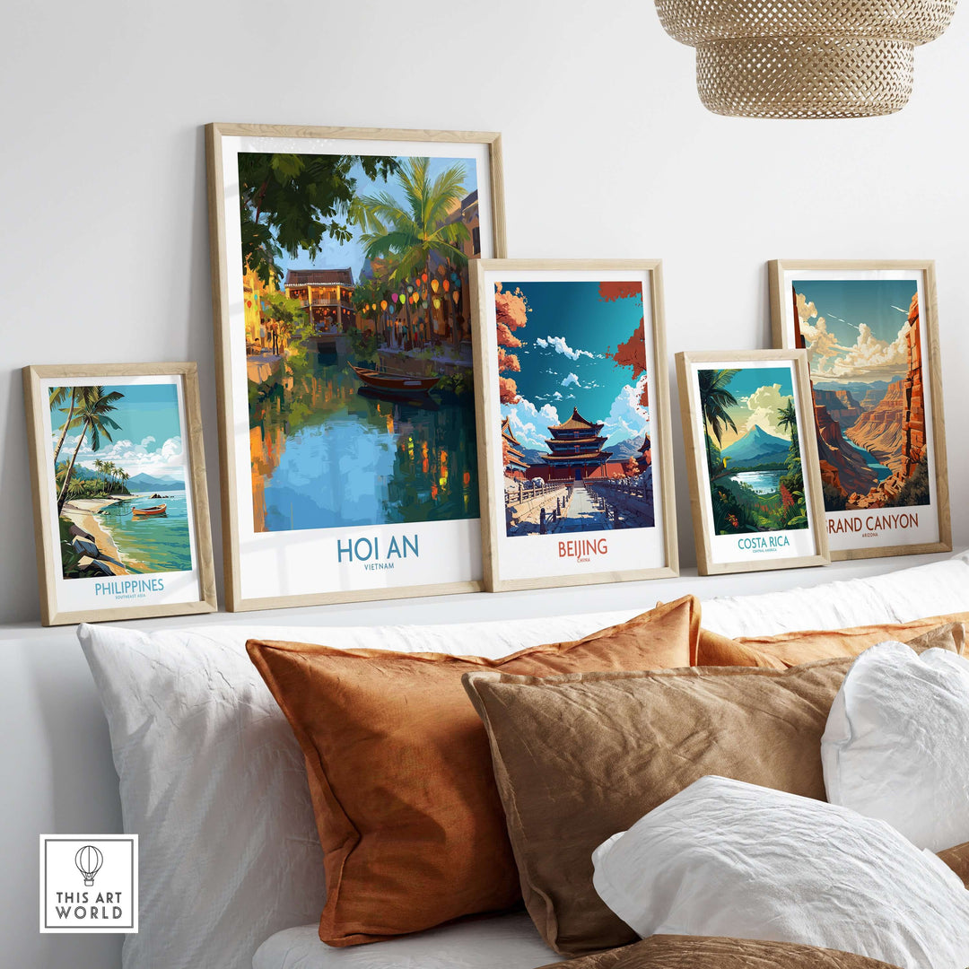 Colorful wall art featuring Hoi An Vietnam evening scene among other travel destinations.