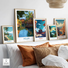 Hoi An Vietnam Wall Art - Vietnamese Evening Scene displayed in a cozy living room setting with other travel artworks.