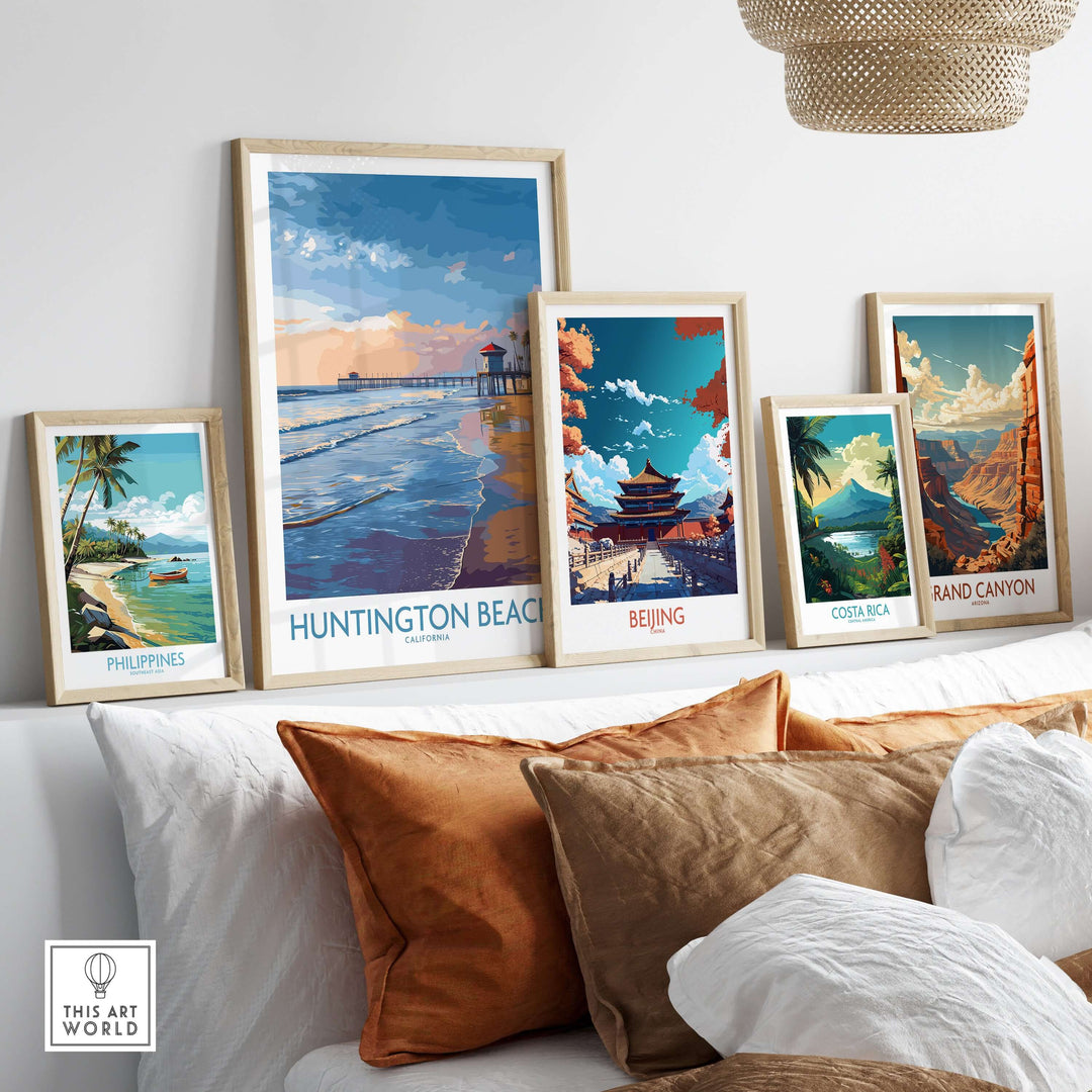 Framed Huntington City Beach poster among other travel wall art pieces, showcasing vibrant coastal vibes.