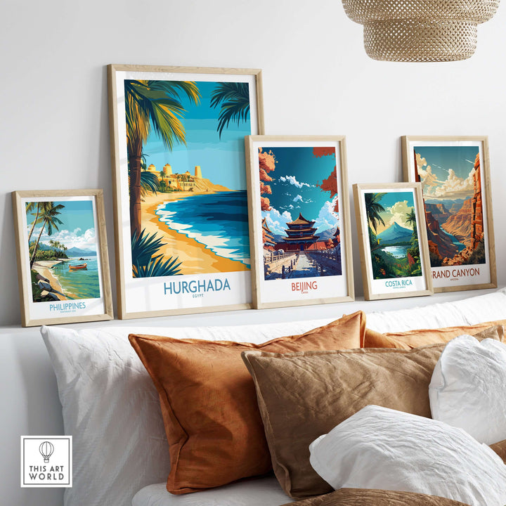 Gallery of travel wall art prints including Hurghada, with vibrant coastal scenery and exotic destinations.
