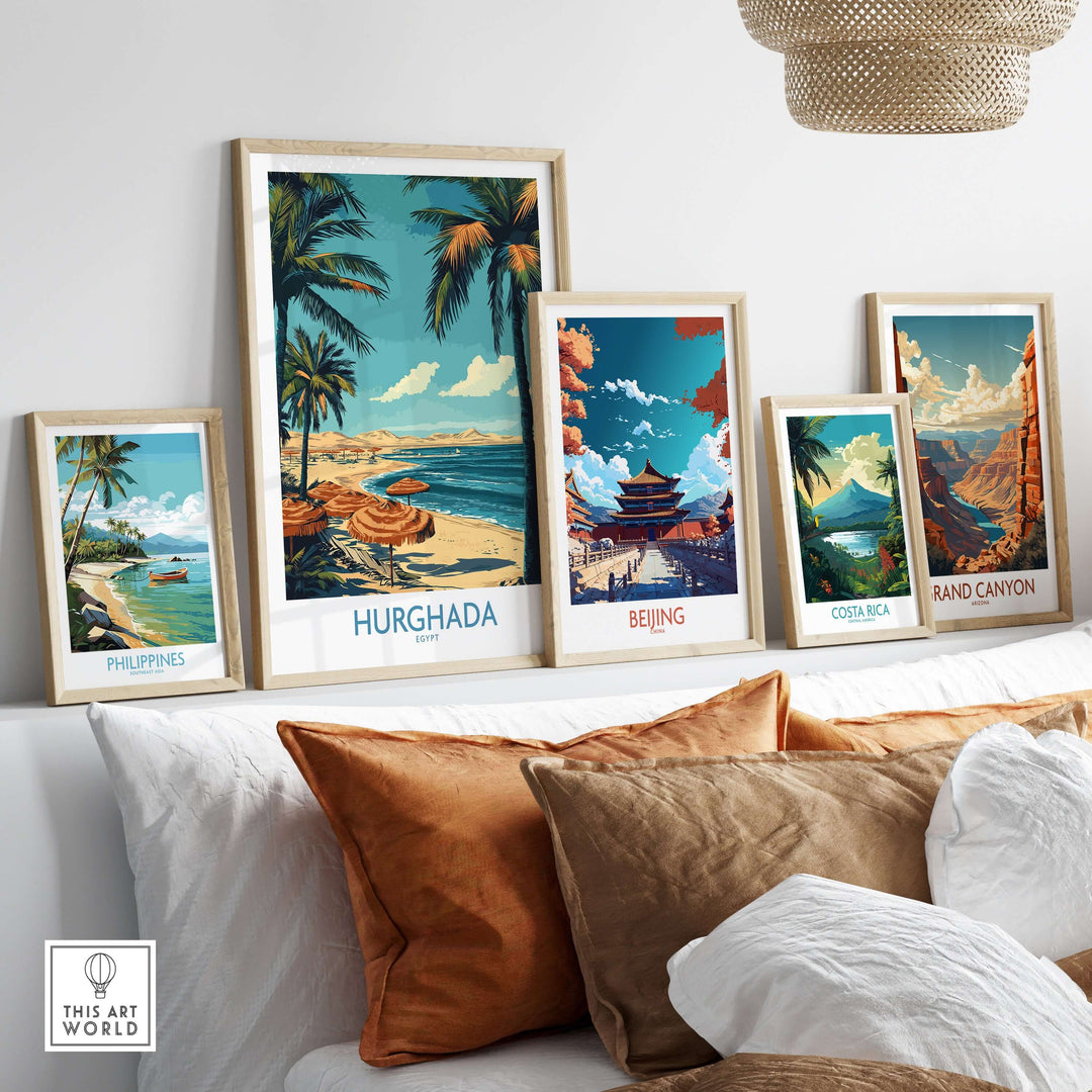 Framed travel posters featuring Hurghada, Beijing, Costa Rica, Grand Canyon, and Philippines on a stylish couch.