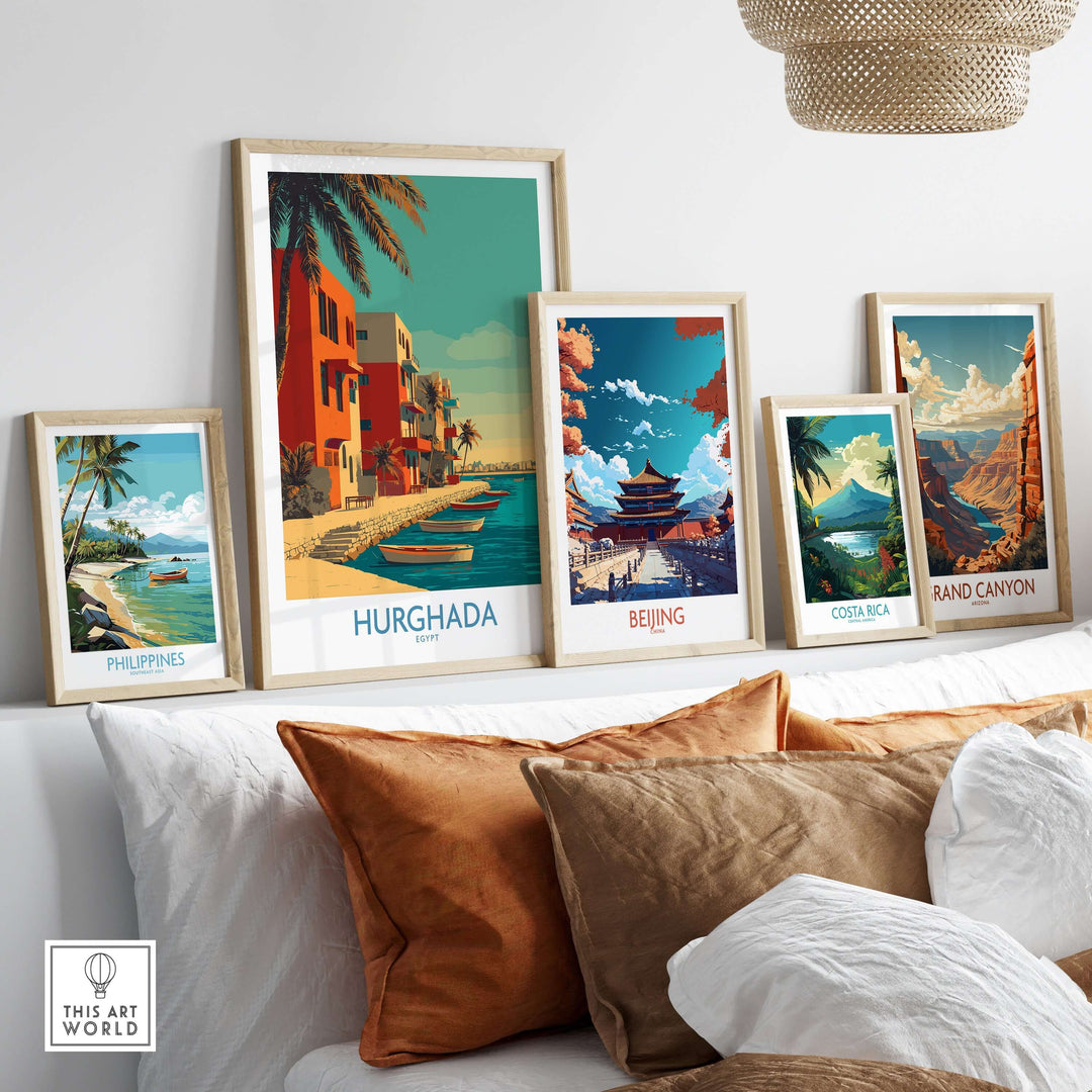 Gallery of travel wall art including Hurghada Egypt, Beijing, Philippines, Costa Rica, and Grand Canyon prints.