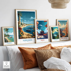 Hurghada Poster Egypt Art Print displayed among travel-themed art prints on a stylish wall.