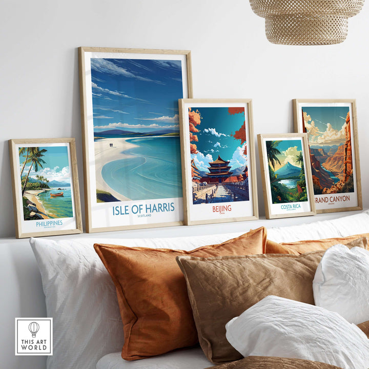 Framed travel posters including Isle of Harris and scenic views from Philippines, Beijing, Costa Rica, and Grand Canyon.