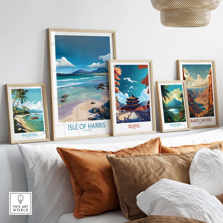 Framed posters featuring Isle of Harris, Beijing, Costa Rica, and the Grand Canyon in a stylish living room setting.