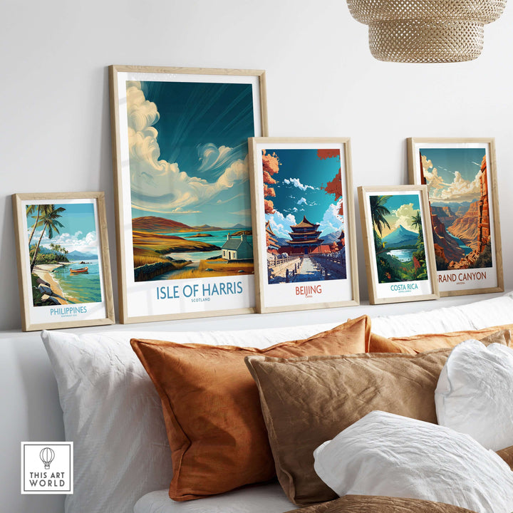 Framed travel posters featuring Isle of Harris, Beijing, Costa Rica, Philippines, and Grand Canyon on a stylish wall.