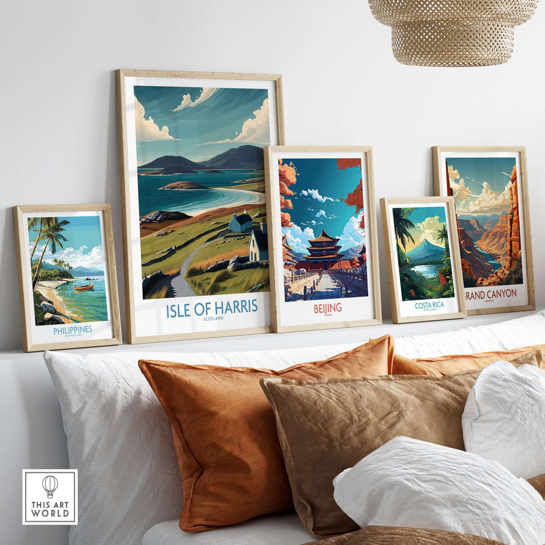 Isle of Harris Hebridean landscape poster among other travel art prints in a stylish interior setting.
