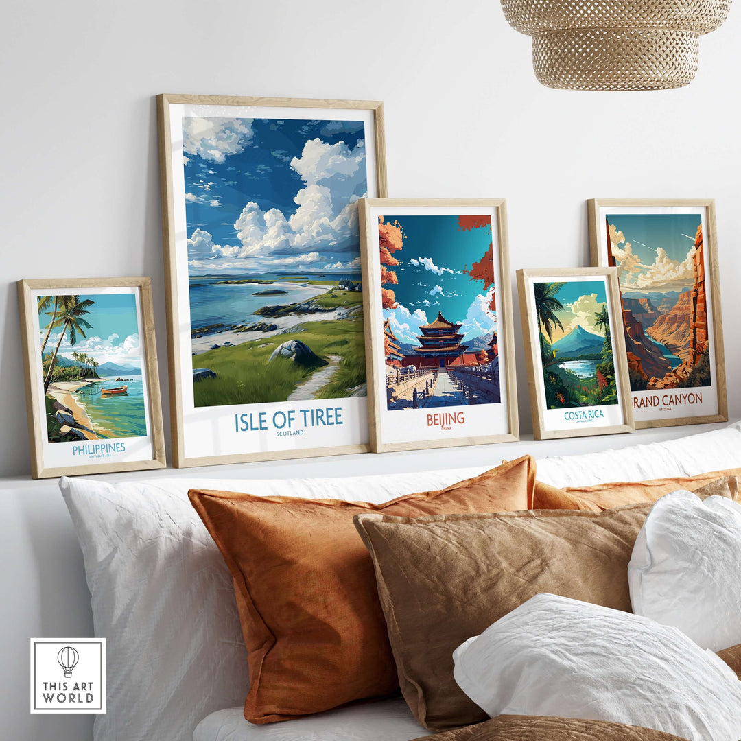 Isle of Tiree Scotland Art Print | Hebridean Landscape Poster displayed with other travel art prints on a sofa.