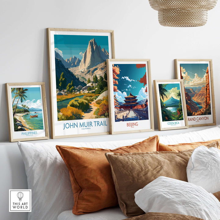 John Muir Trail poster among travel prints showcasing beautiful landscapes and nature themes in a stylish home setting.