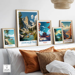 John Muir Trail California Mountain River Poster - California Hiking Trail Print displayed among other art prints