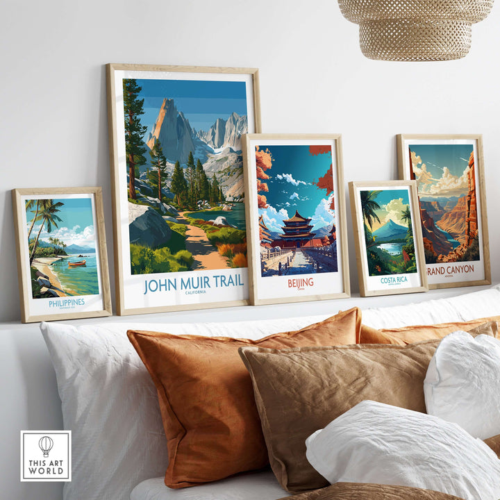 Collection of travel wall art prints featuring John Muir Trail, Philippines, Beijing, Costa Rica, and Grand Canyon.