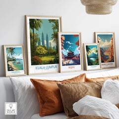 Kuala Lumpur Malaysia Skyline Poster - Malaysian Capital Wall Art displayed in a stylish interior with other travel posters.