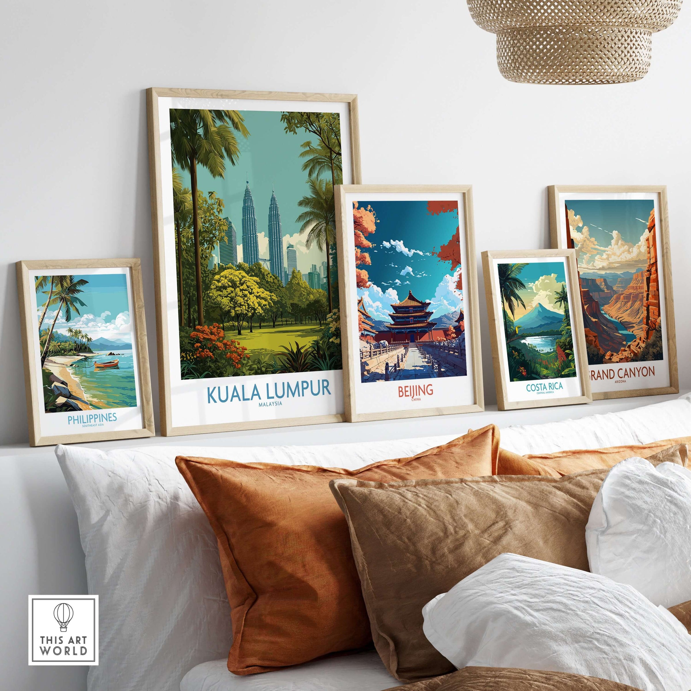 Kuala Lumpur Malaysia Skyline Poster - Malaysian Capital Wall Art displayed in a stylish interior with other travel posters.