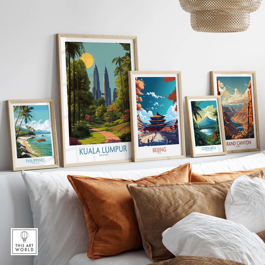 Framed travel posters featuring Kuala Lumpur, Beijing, the Philippines, Costa Rica, and the Grand Canyon in a stylish living room setting.