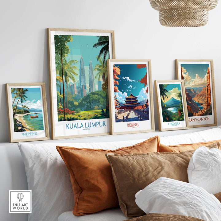 Kuala Lumpur skyline poster among framed art of various destinations, showcasing vibrant urban landscape and travel inspiration.