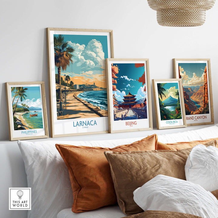 Gallery of travel posters featuring Larnaca, Philippines, Beijing, Costa Rica, and the Grand Canyon displayed in stylish frames.