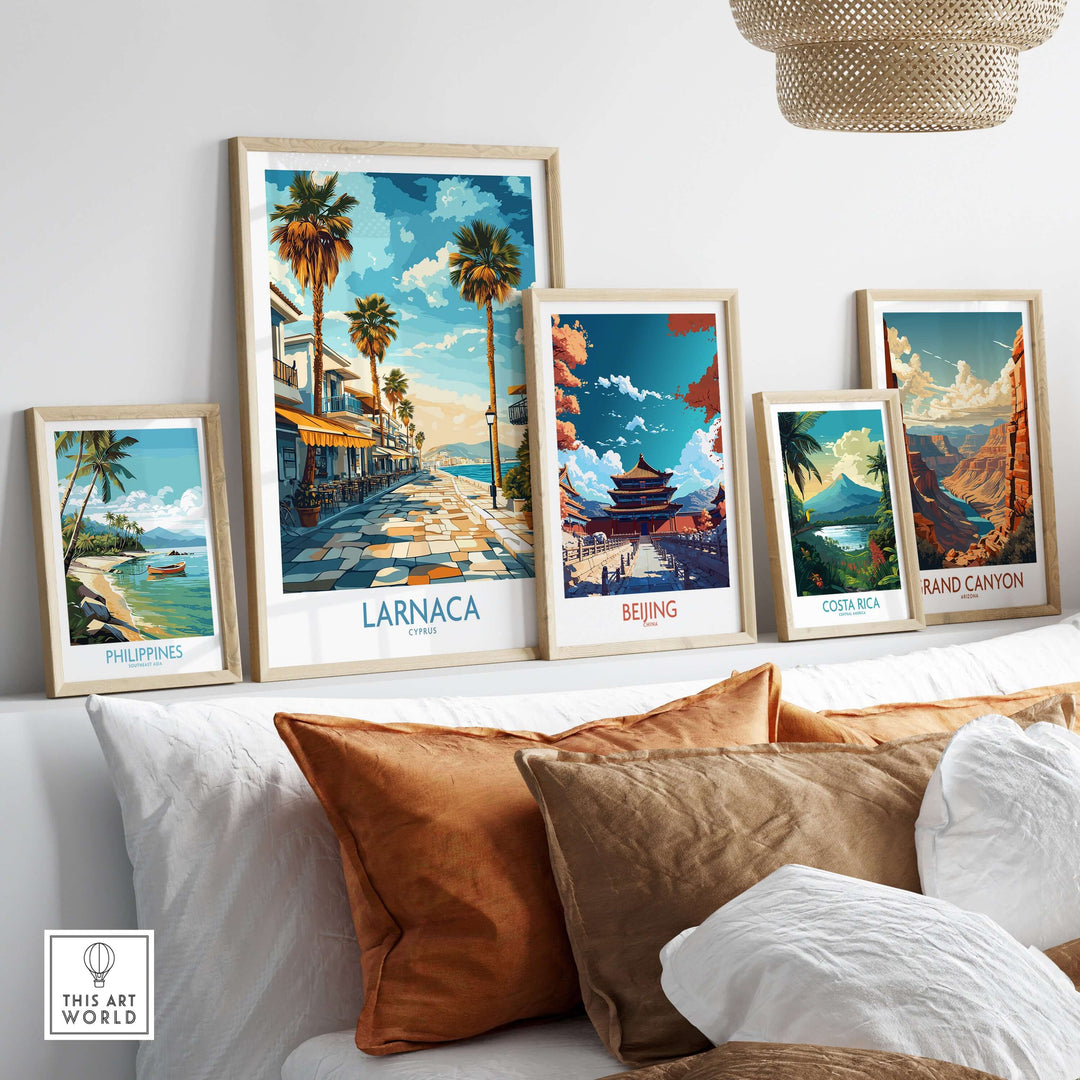 Framed wall art of Larnaca, Cyprus, showcasing travel destinations including the Philippines, Beijing, and the Grand Canyon.