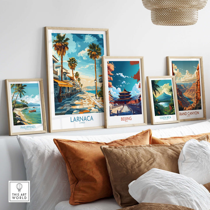 Framed wall art of Larnaca, Cyprus, showcasing travel destinations including the Philippines, Beijing, and the Grand Canyon.