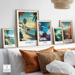 Larnaca Cyprus Wall Art - Cyprus Travel Poster displayed among other travel posters on a stylish wall setup.