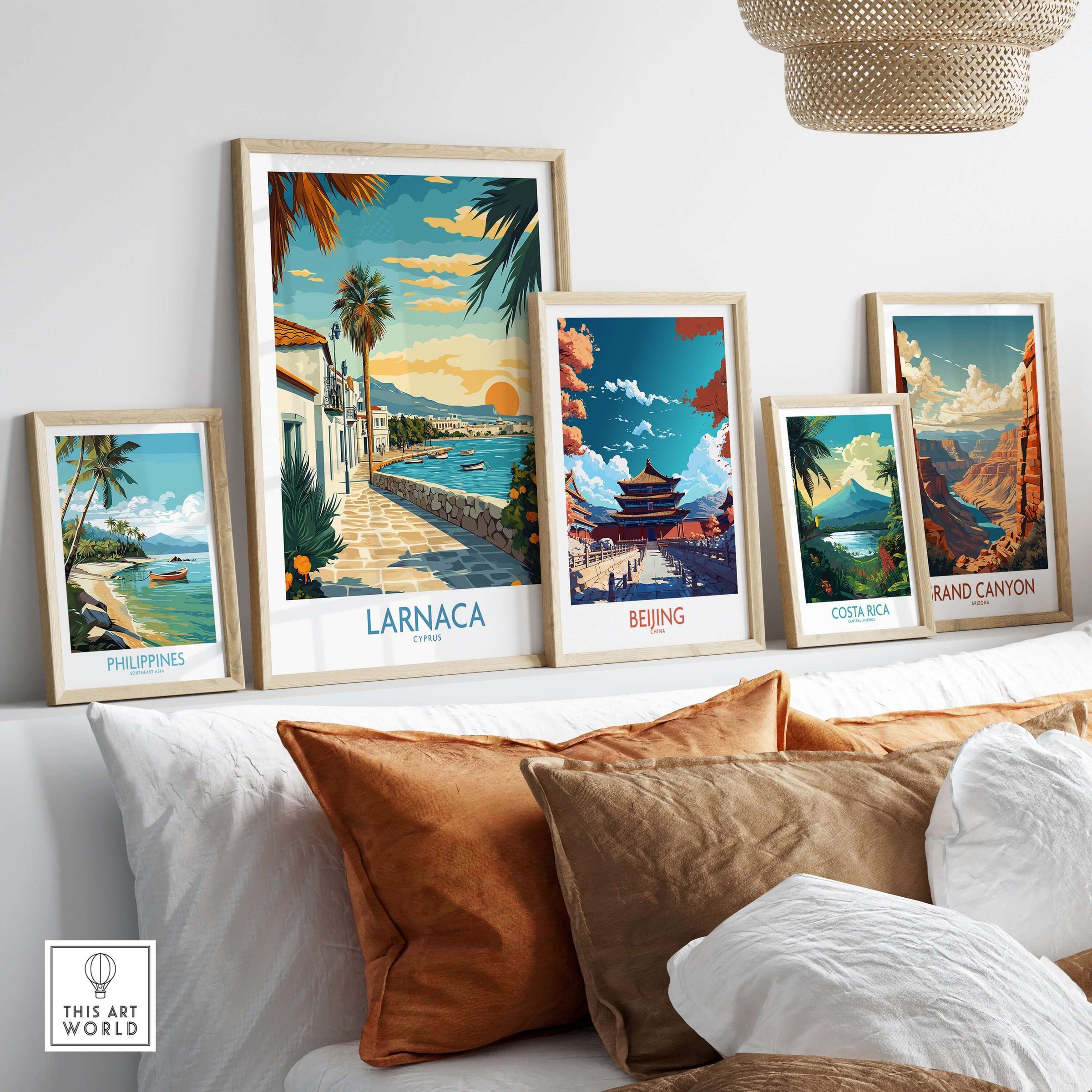 Larnaca Cyprus Wall Art - Cyprus Travel Poster displayed among other travel posters on a stylish wall setup.