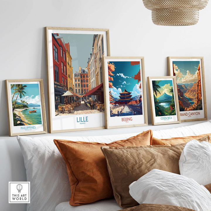 Artistic display of travel posters including Lille, Beijing, Costa Rica, and the Grand Canyon on a stylish wall.