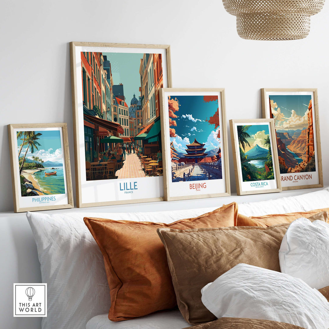 Elegant wall art featuring Lille cityscape alongside travel destinations like the Philippines, Beijing, and the Grand Canyon.