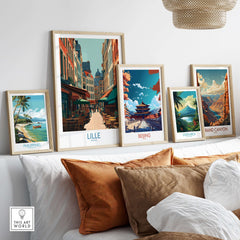 Lille France Wall Art - French Cityscape Decor displayed among other international artworks on a stylish wall.