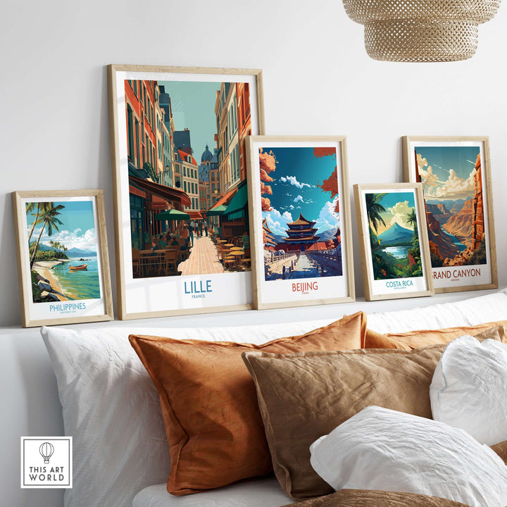 Elegant wall art featuring Lille cityscape alongside travel destinations like the Philippines, Beijing, and the Grand Canyon.