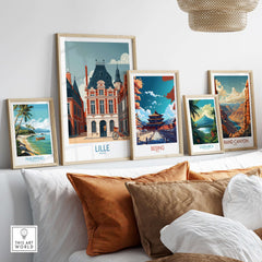 Lille France Poster - Charming European City Scene displayed among other travel-themed posters on a stylish sofa.