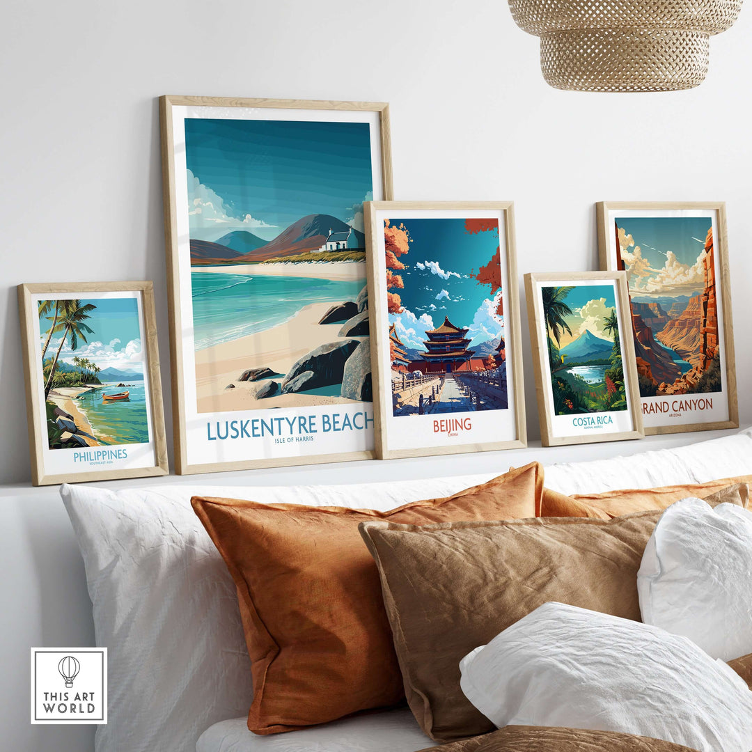 Luskentyre Beach wall art framed among travel posters of Philippines, Beijing, Costa Rica, and Grand Canyon.