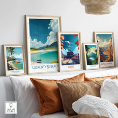 Luskentyre Beach Isle of Harris Wall Art - Remote Island Travel Print displayed among other destination prints on a modern wall.