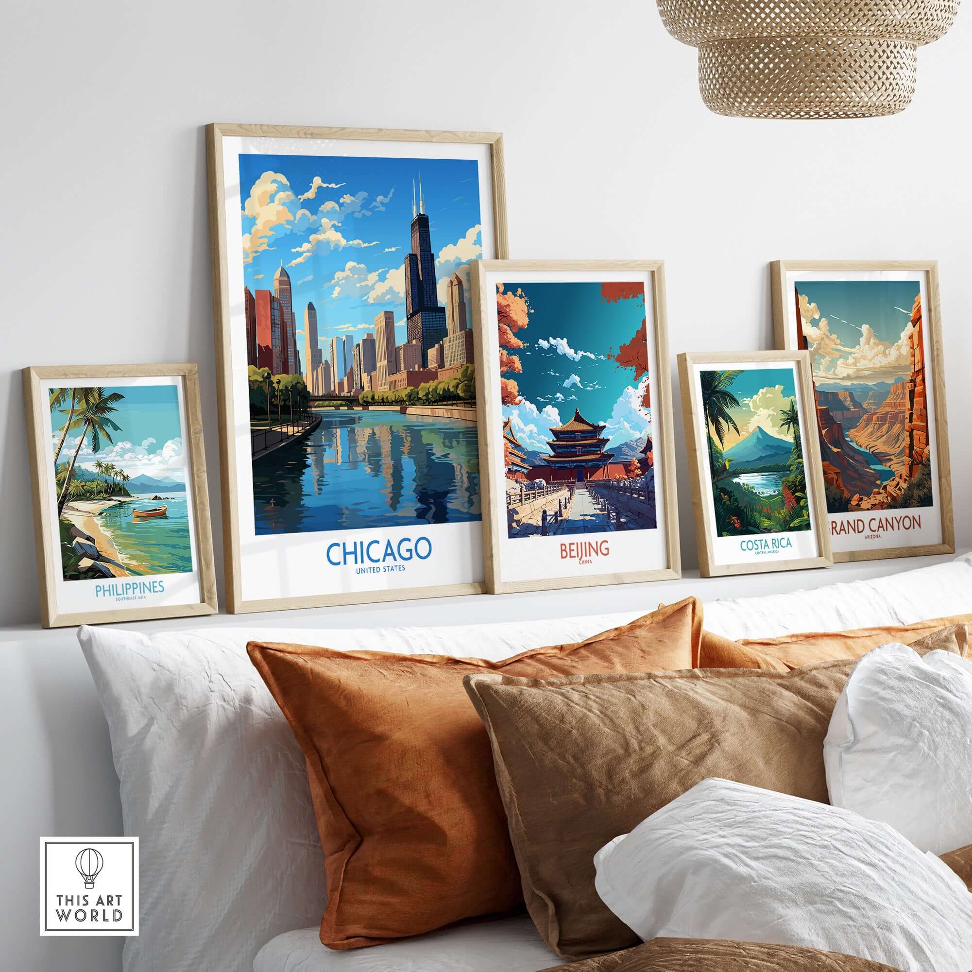 Chicago wall art print displayed among other city-themed prints on a stylish living room shelf.