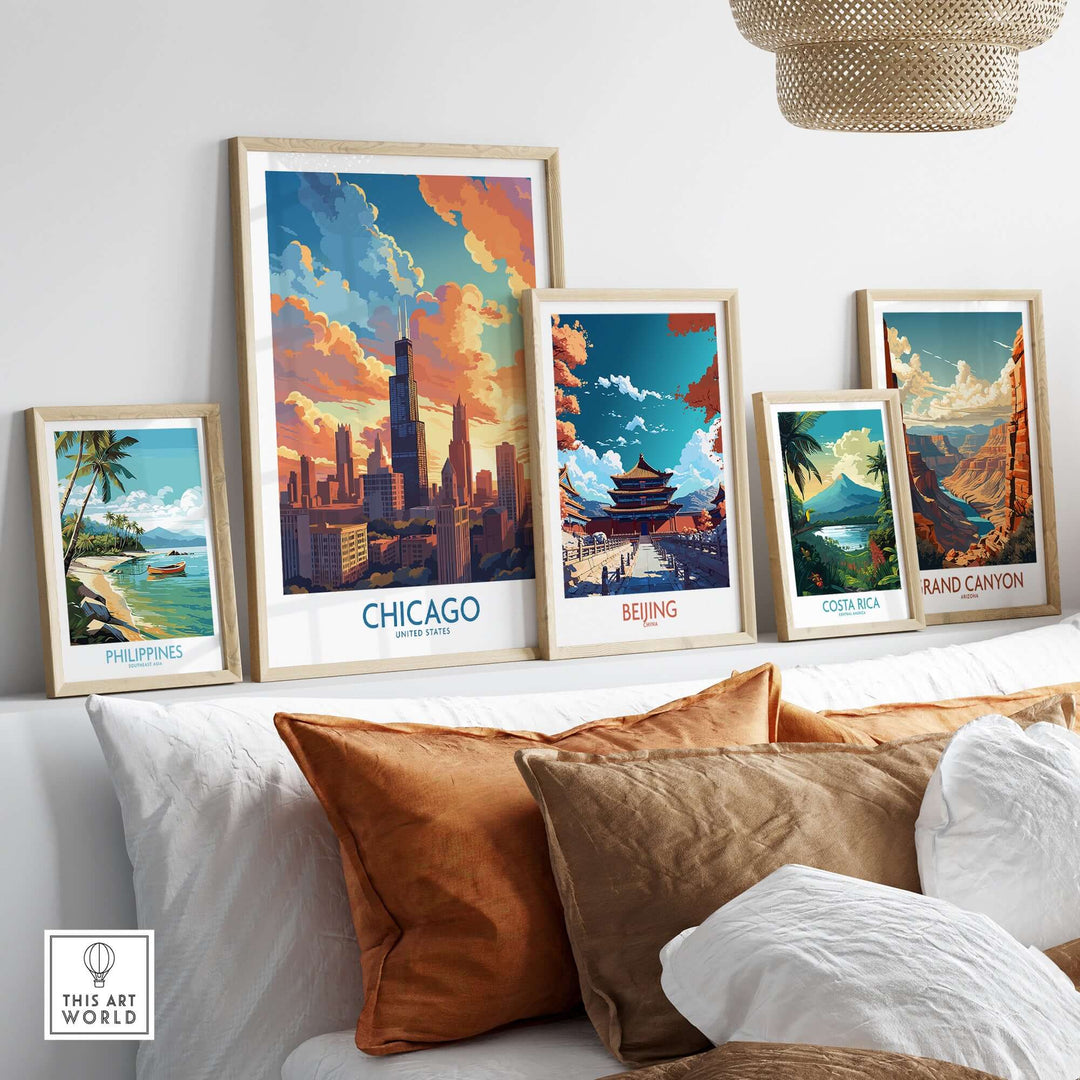Chicago travel poster displayed among other travel posters, showcasing vibrant city skyline art and sunset colors.