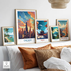 Chicago travel poster displayed among other travel posters, showcasing vibrant city skyline art and sunset colors.