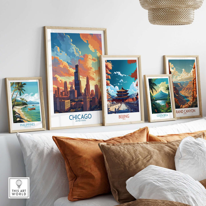 Chicago travel poster displayed among other travel posters, showcasing vibrant city skyline art and sunset colors.