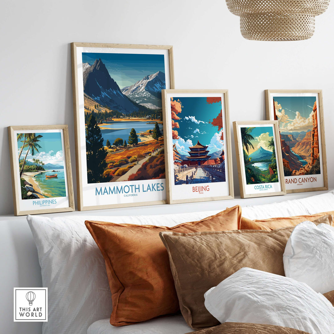 Framed Mammoth Lakes wall art among other travel prints showcasing stunning landscapes and vibrant colors.