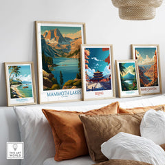 Mammoth Lakes Print California - California Wilderness Poster displayed among other travel posters in a cozy interior setting.