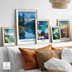 Mammoth Lakes Wal Art - California Travel Print displayed among various travel art prints on a stylish shelf.