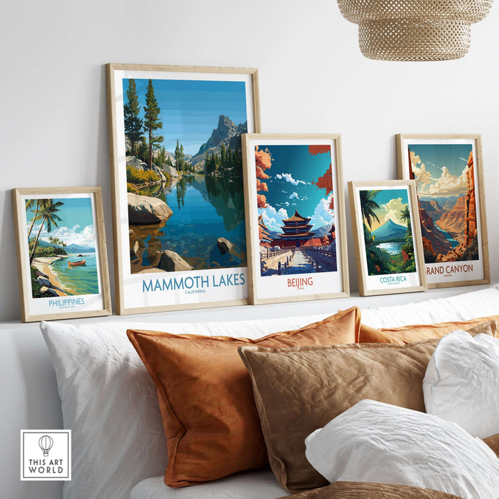 Mammoth Lakes California wall art displayed with other travel prints, showcasing scenic landscapes and vibrant colors.