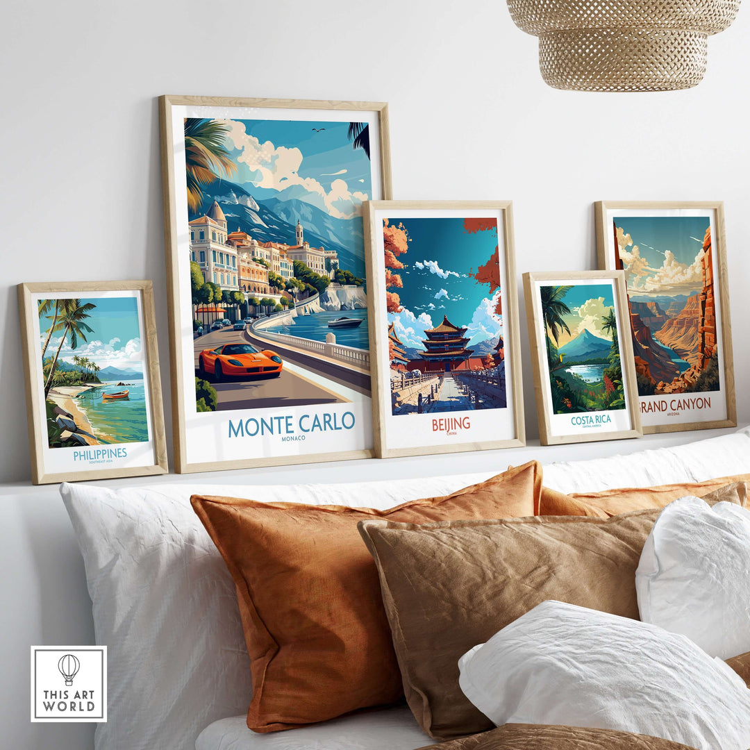 Montage of travel posters featuring Monte Carlo, Beijing, Costa Rica, and the Grand Canyon in a stylish home decor setting.