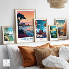 Monterey Bay California Sunset Coastline Poster - Cypress Tree Wall Art displayed among travel posters.