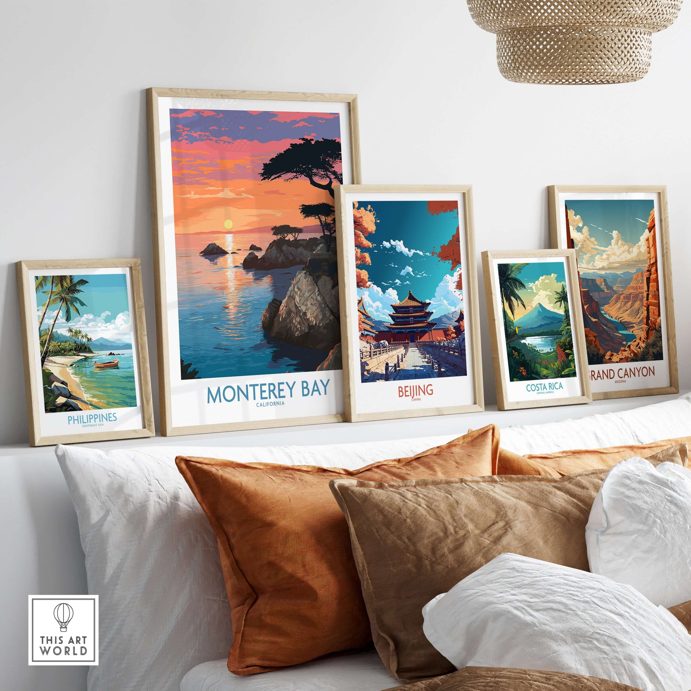 Monterey Bay Poster California Coastal Decor showcased with other travel-themed art prints on a stylish wall.