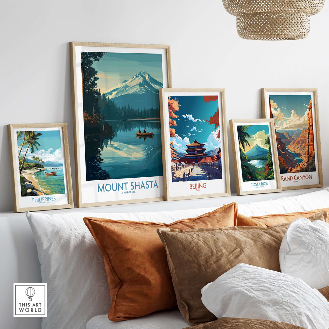 Gallery wall featuring Mount Shasta poster and other scenic nature prints framed and displayed in a cozy living room.