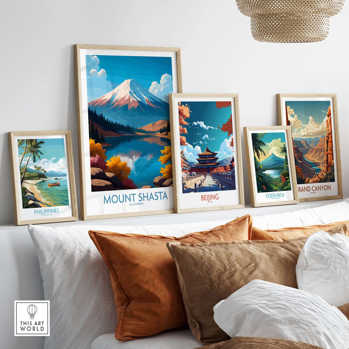 Colorful wall art featuring Mount Shasta and other scenic destinations in stylish frames, perfect for home decor.