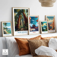 Muir Woods California National Monument Poster - California Nature Print framed among other travel posters on a stylish home shelf.