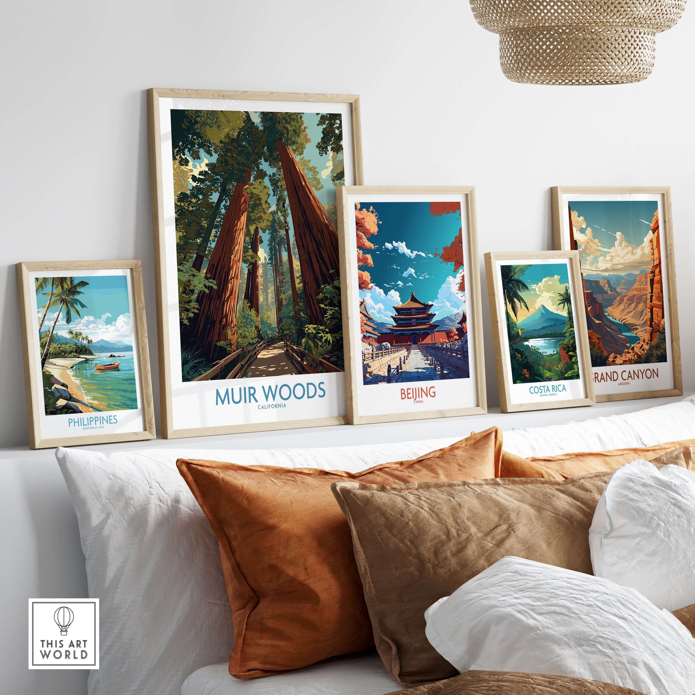 Muir Woods California National Monument Poster - California Nature Print framed among other travel posters on a stylish home shelf.