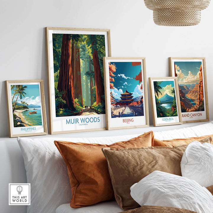 Framed wall art prints showcasing Muir Woods, Beijing, Costa Rica, and the Grand Canyon, with a cozy decor setting.